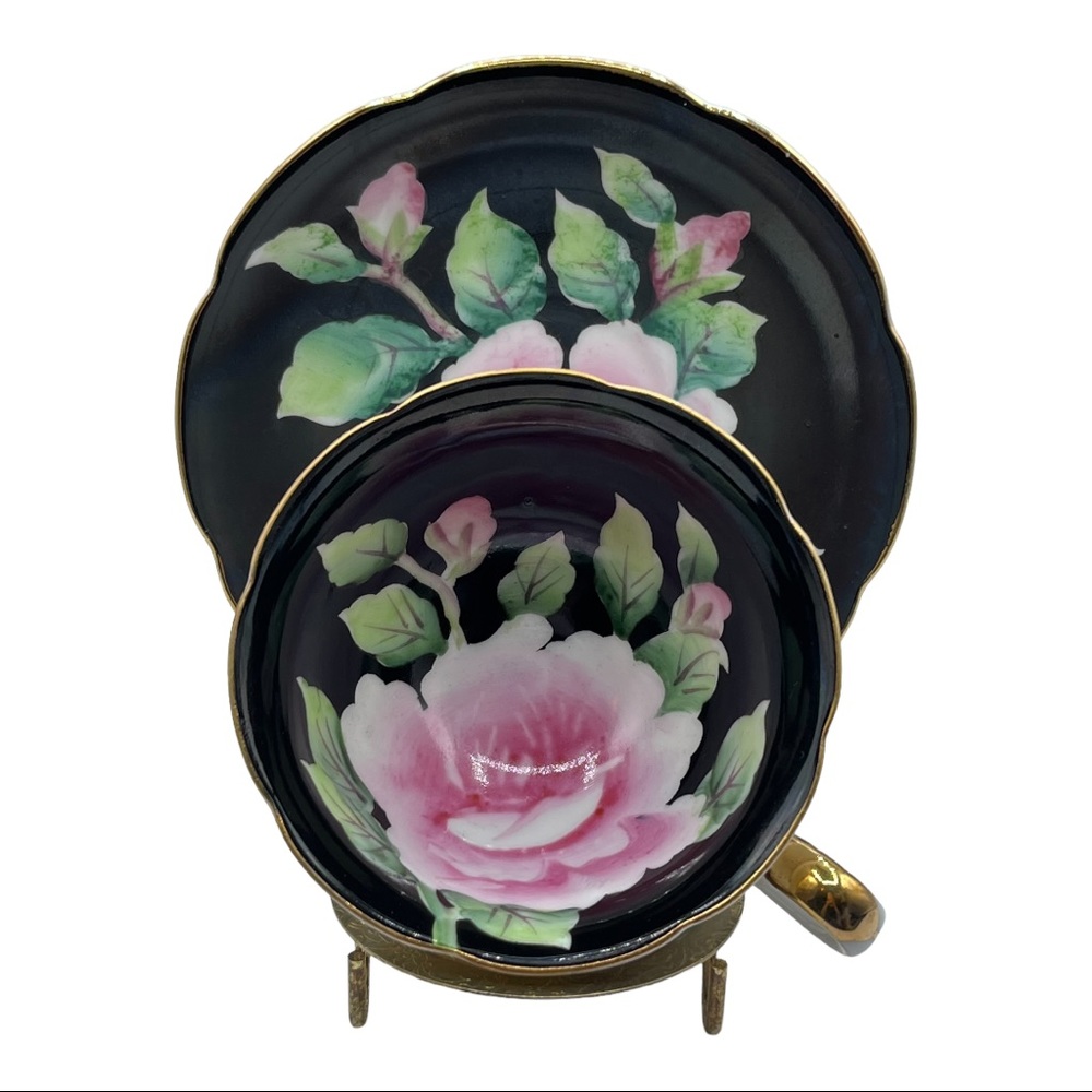 Vtg Japan Handpainted Gold Gilt Cabbage Rose Scalloped Demitasse Tea Cup Saucer